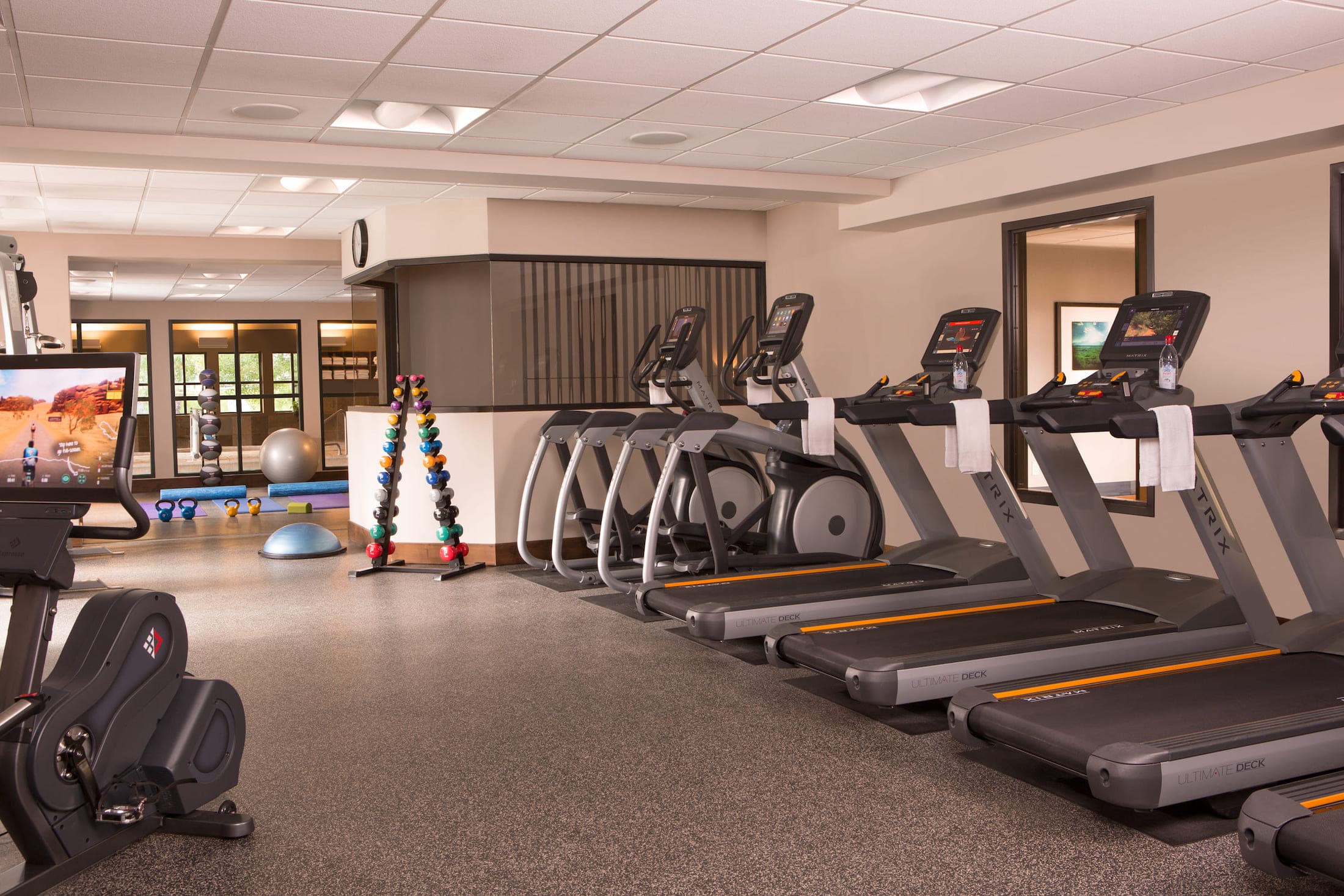 SpaTerre Fitness Facility with treadmills, bikes, free weights, ellipticals, and plenty of space for yoga or stretching