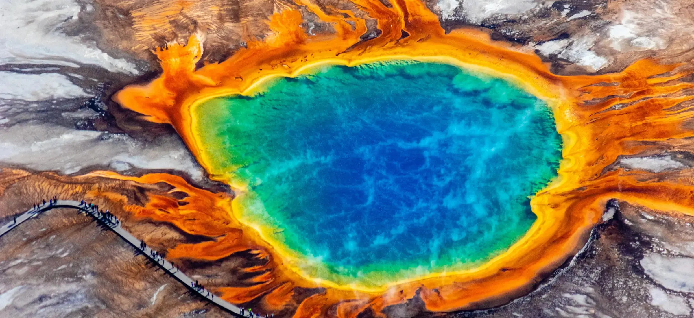 A top-down aerial photo of the Grand Prismatic Spring