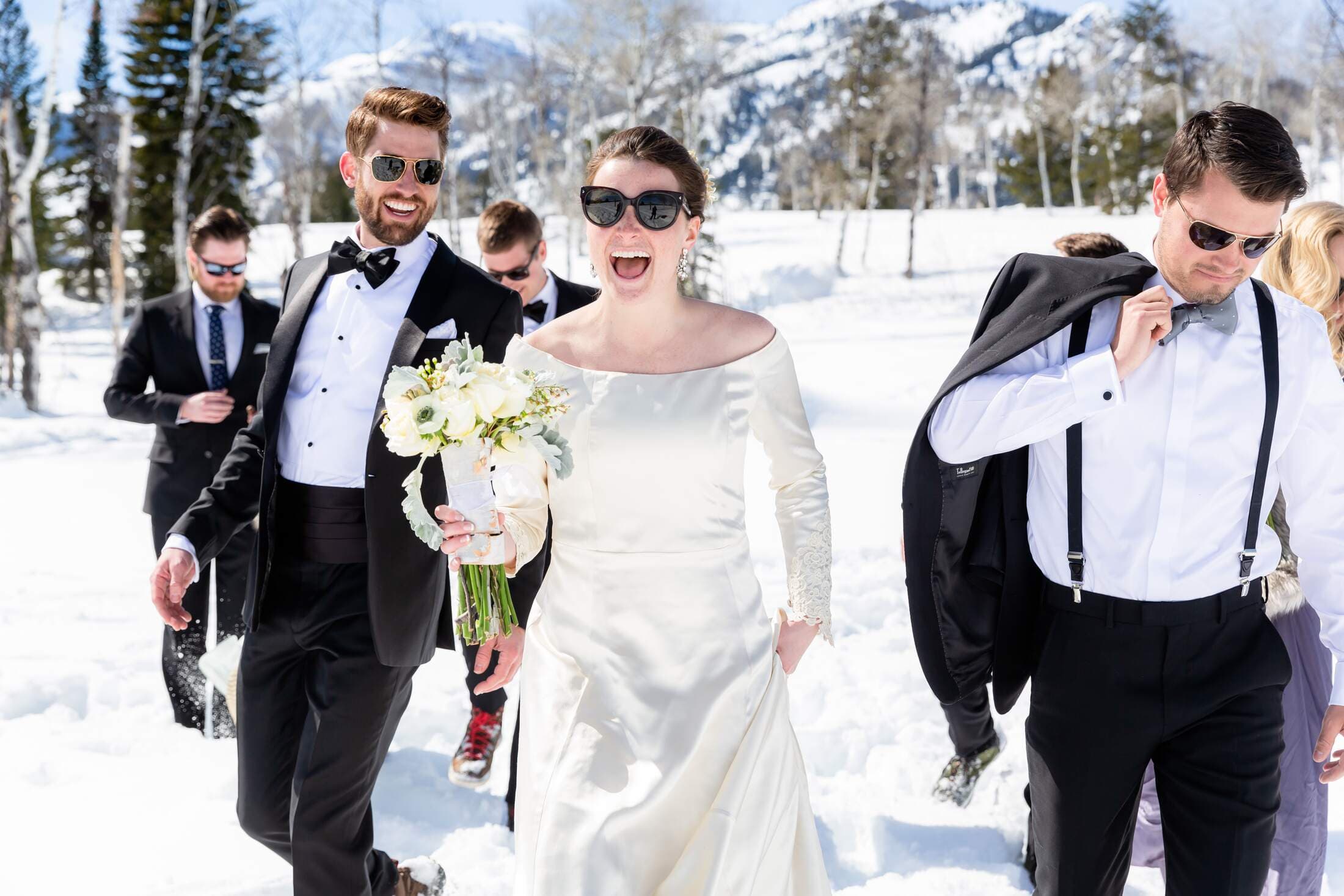 Wedding Bridal party in front of the Tetons