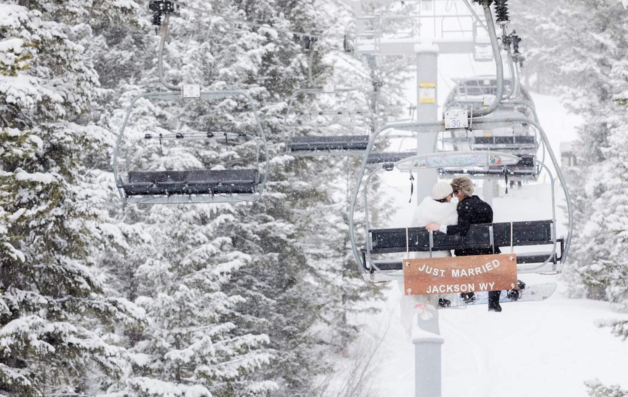 Bride and Groom on Chairlift at Jackson Hole Mountain Resort