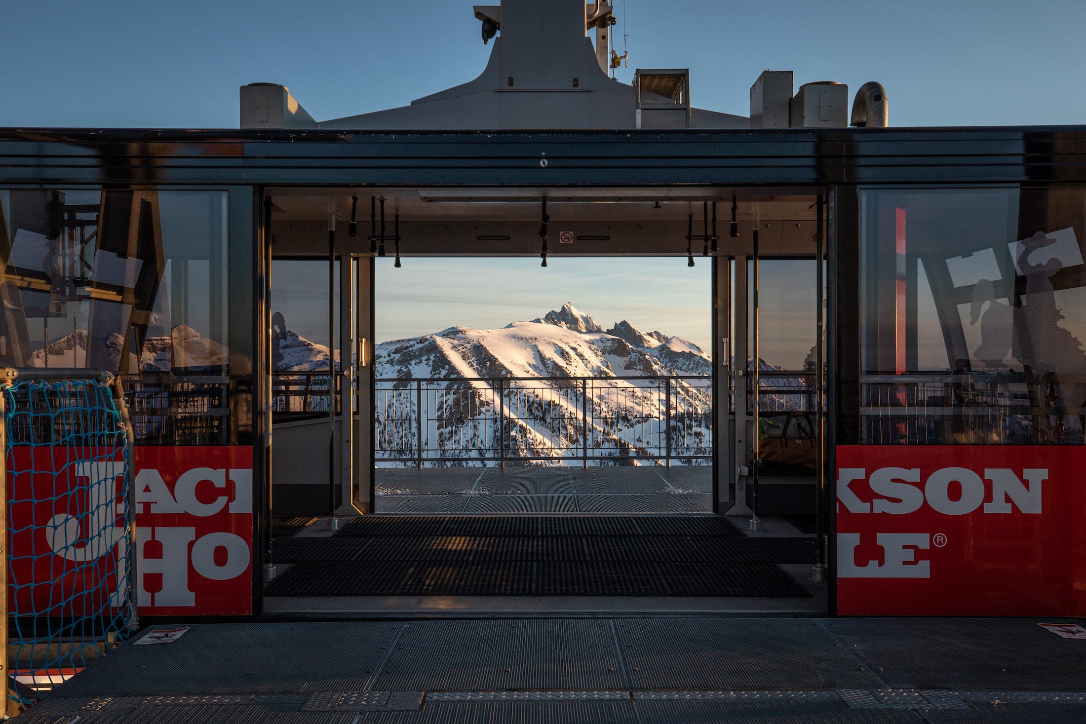 A photo of a winter tram view of the Tetons