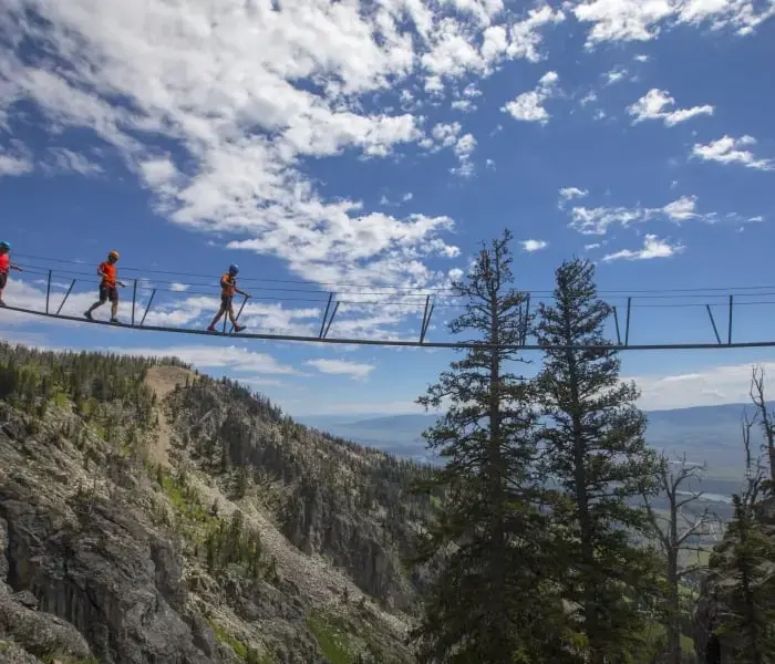 People cross a rope suspension bridge that spans across a valley