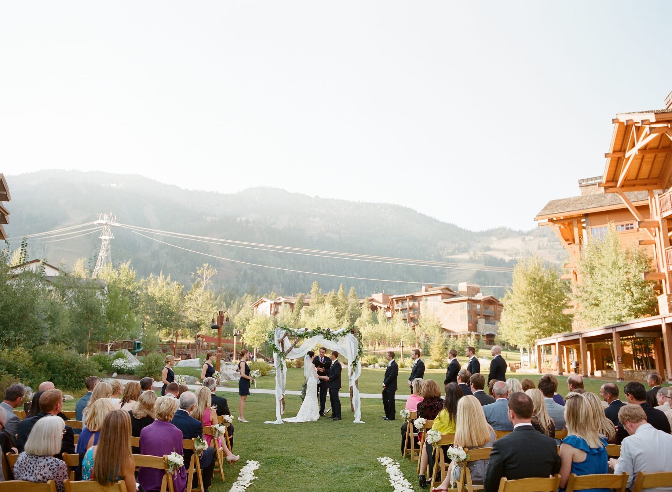 A wedding ceremony on the Teton Village Commons in Summer.