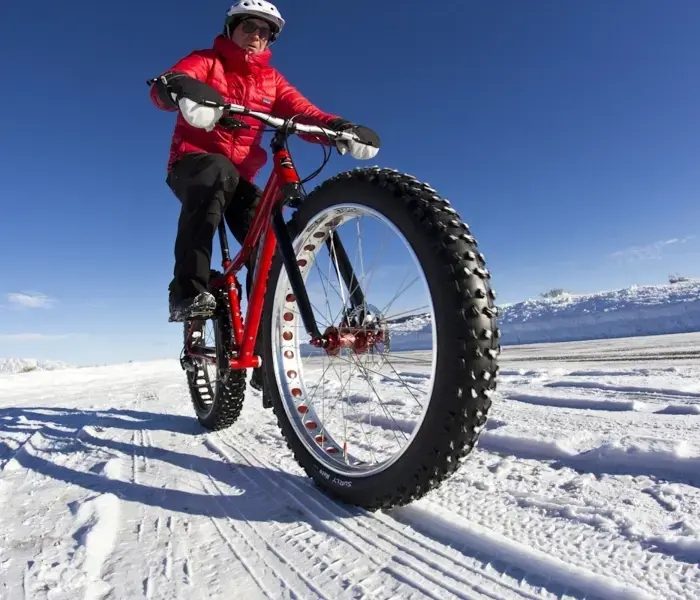 A man fat biking on a Winter Trail near Jackson Hole.