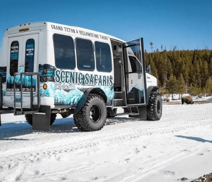 An enclosed game viewing vehicle with livery that says "Grand Teton And Yellowstone Tours" "Scenic Safaris" in a snowy field