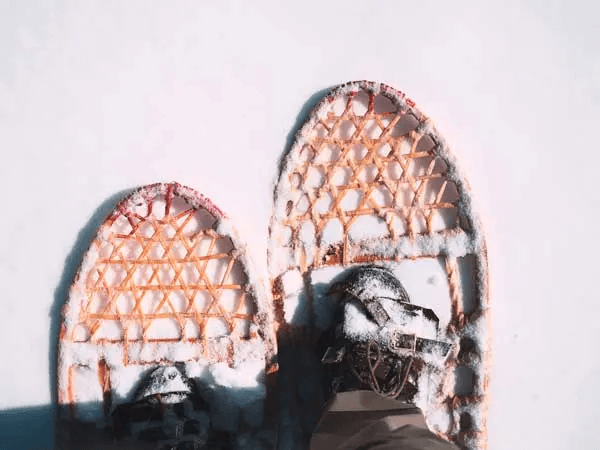 A top-down photo of a pair of snowshoes strapped on a person's feet